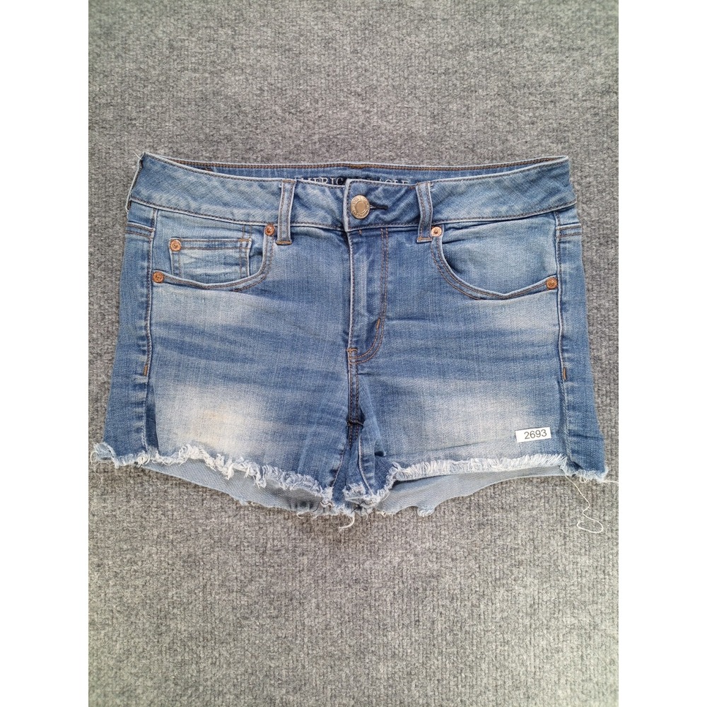American Eagle Women's Size 8 Super Stretch Denim Shorts Blue Distressed Raw Hem